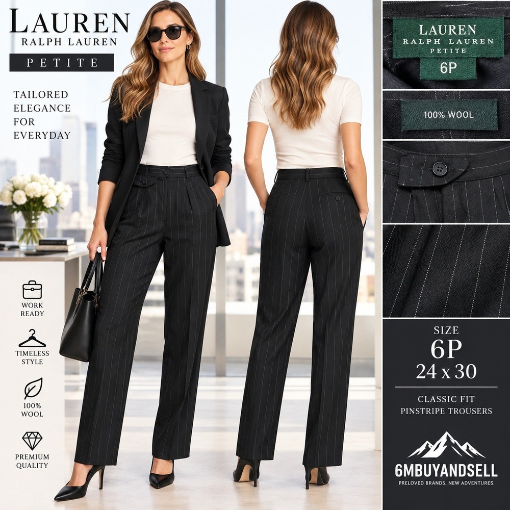 Lauren Ralph Lauren Petite Black Pinstripe Wool Pleated Trousers Pants 6P